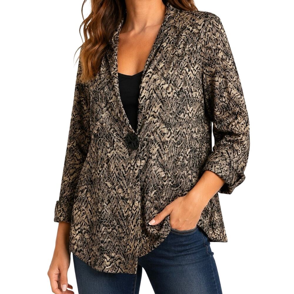 NEW NWT Ali Miles Medium Gold Black Wearable Art Jacket Shirt Top Christmas